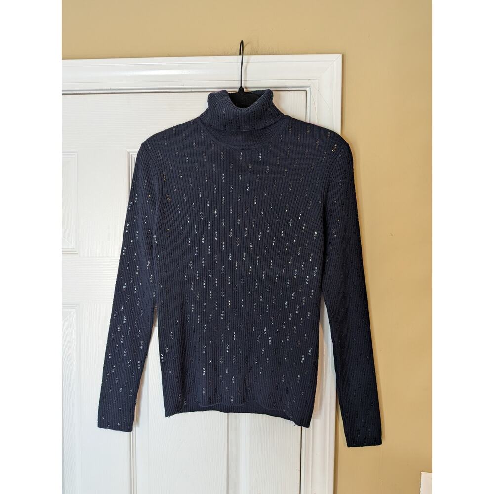 Carlisle Silk Cashmere Sequin Turtleneck Sweater Size Small Navy Quiet Luxury